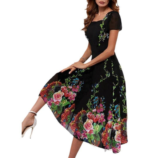 Damen Elegantes Midi-Kleid mit floralem Druck und schwingendem Saum EB