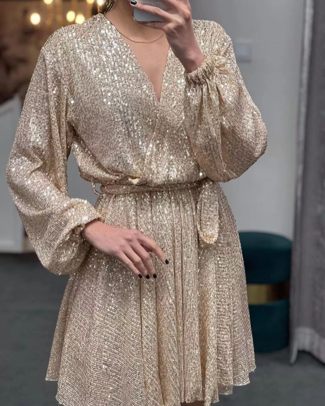 Damen funkelndes Cocktailkleid mit V-Ausschnitt und Taillengürtel EB