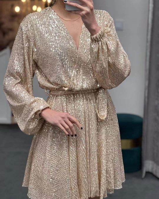 Damen funkelndes Cocktailkleid mit V-Ausschnitt und Taillengürtel EB
