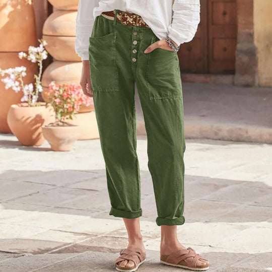 Damen nan Leinen-Baumwoll-Loungehose mit weitem Schnitt, hoher Bund und aufgesetzten Taschen EB
