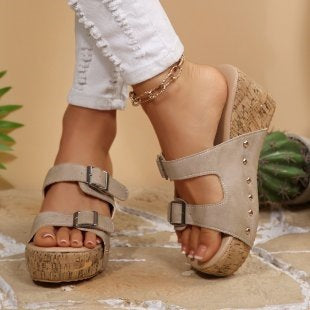 Damen Wedge-Pantoletten mit dekorativem Kork-Design EB
