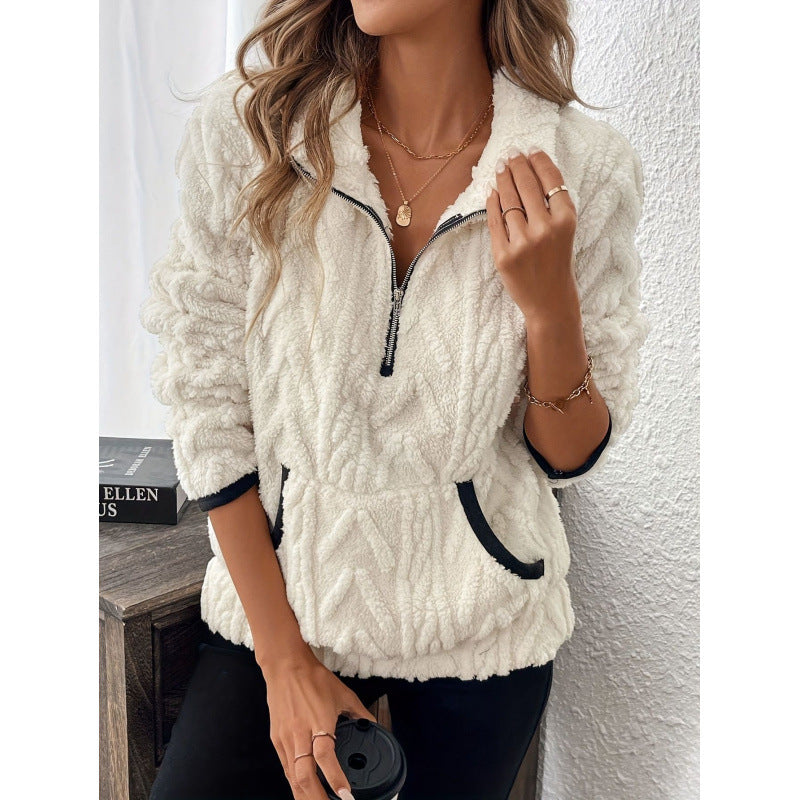 Damen kuschelige Fleece-Pulloverjacke mit Reißverschluss und Taschen EB