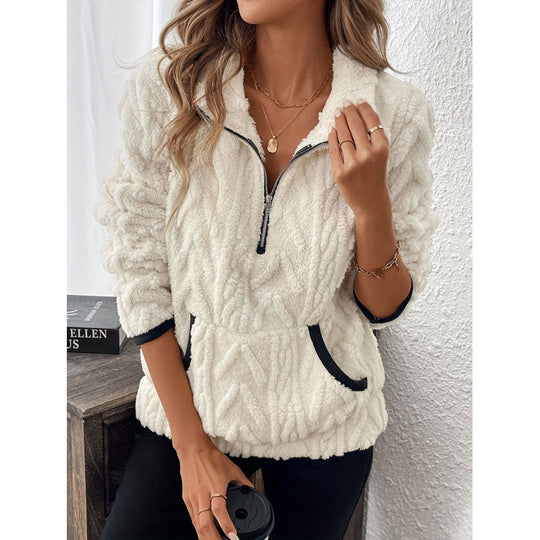 Damen kuschelige Fleece-Pulloverjacke mit Reißverschluss und Taschen EB