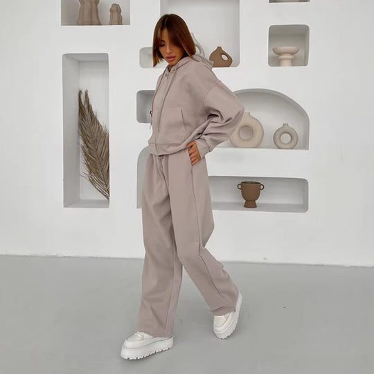 Damen lässiges Kapuzen-Sweatshirt mit Reißverschluss und weiten High-Waist Jogginghose EB