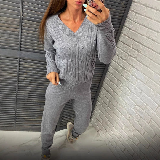Damen Strickpullover und Jogginghose Set mit Zopfmuster EB