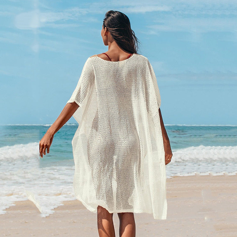 Damen Strandkleid mit romantischem Häkelmuster und voluminösen Ärmeln EB