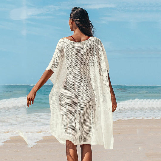 Damen Strandkleid mit romantischem Häkelmuster und voluminösen Ärmeln EB