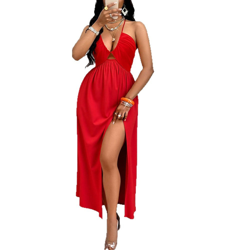 Damen Maxikleid mit tiefem V-Ausschnitt und seitlichem Schlitz EB