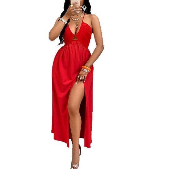 Damen Maxikleid mit tiefem V-Ausschnitt und seitlichem Schlitz EB
