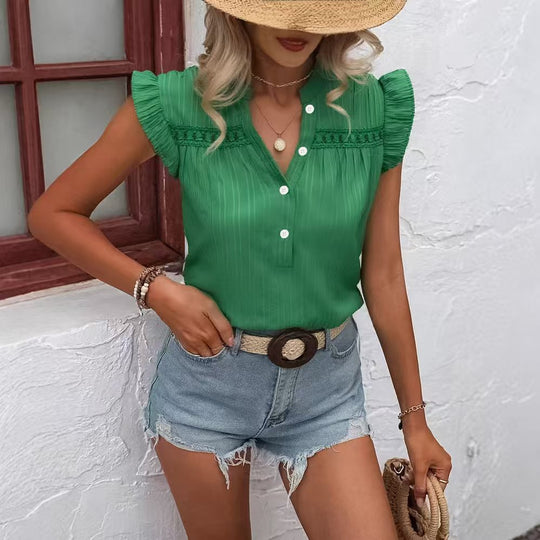 Damen Bluse mit Rüschendetails und kurzem Ärmel EB
