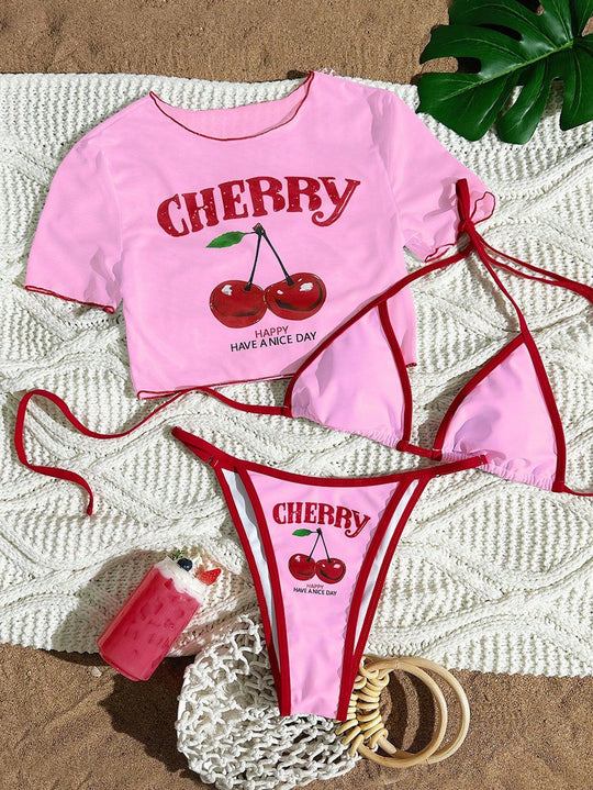 Damen Bikini-Set mit trendigem Kirschmotiv und lässigem Crop-Top EB