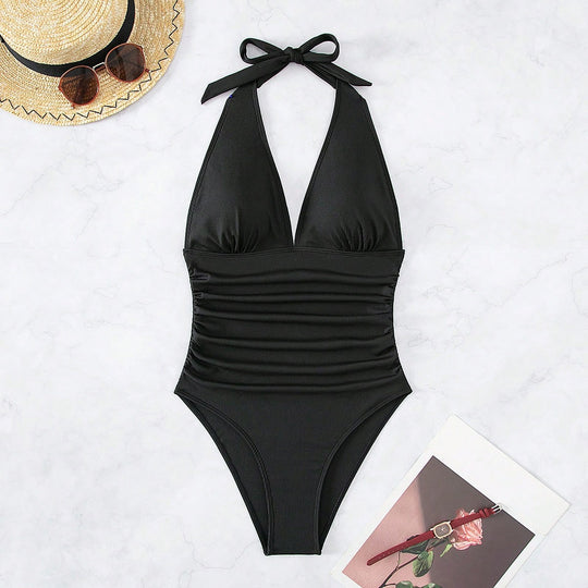 Damen Einteiler Badeanzug mit elegantem V-Ausschnitt und figurbetontem Schnitt EB