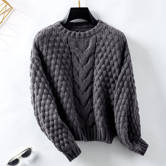 Damen gemütlicher Strickpullover mit strukturiertem Zopfmuster und lässigem Schnitt EB