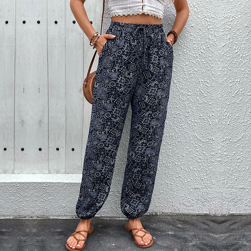Damen Boho-Haremshose mit elastischem Taillenbund, Kordelzug und Seitentaschen EB