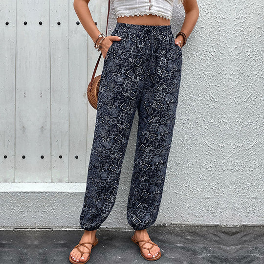 Damen Boho-Haremshose mit elastischem Taillenbund, Kordelzug und Seitentaschen EB