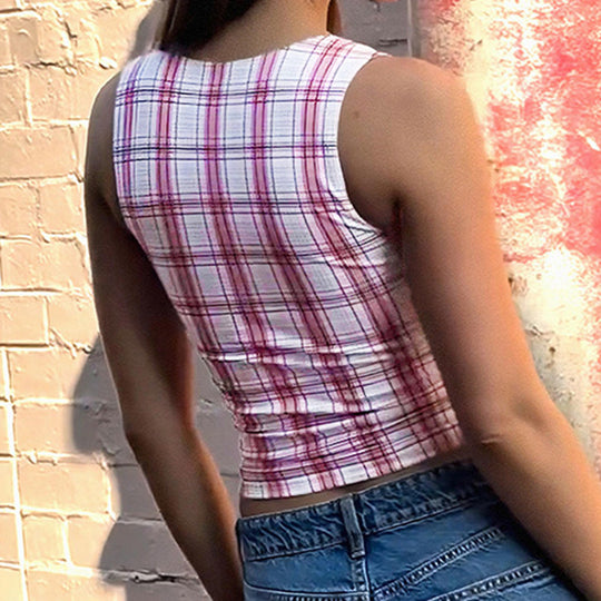 Damen figurbetontes Karo-Top mit elegantem Schnitt und transparenten Einsätzen EB