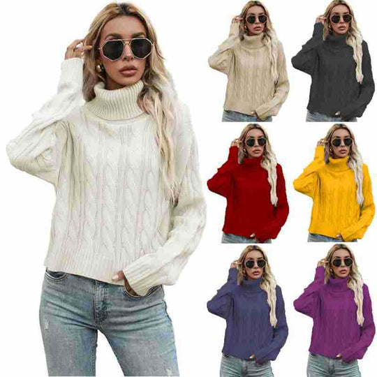 Damen Grobstrickpullover mit hohem Rollkragen und markantem Zopfmuster EB