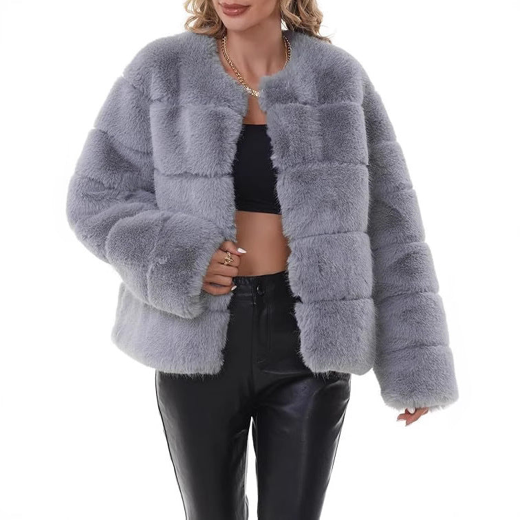 Damen Kuschelige Kunstpelzjacke mit modischem Puffärmel-Design EB
