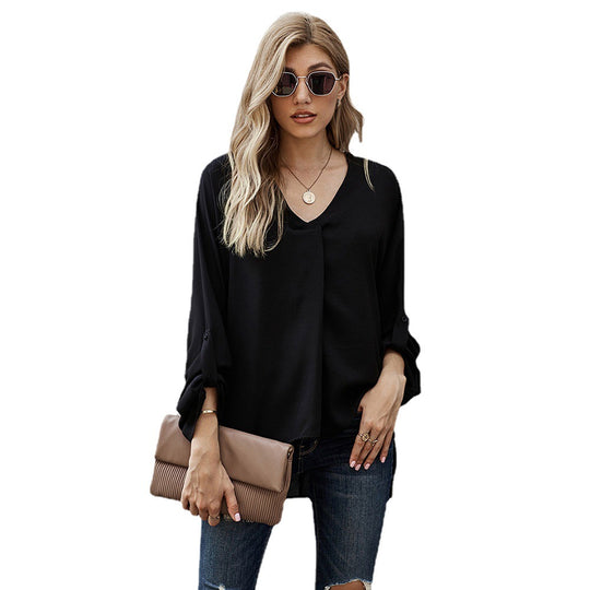 Damen Bluse mit V-Ausschnitt und lässigen langen Ärmeln EB