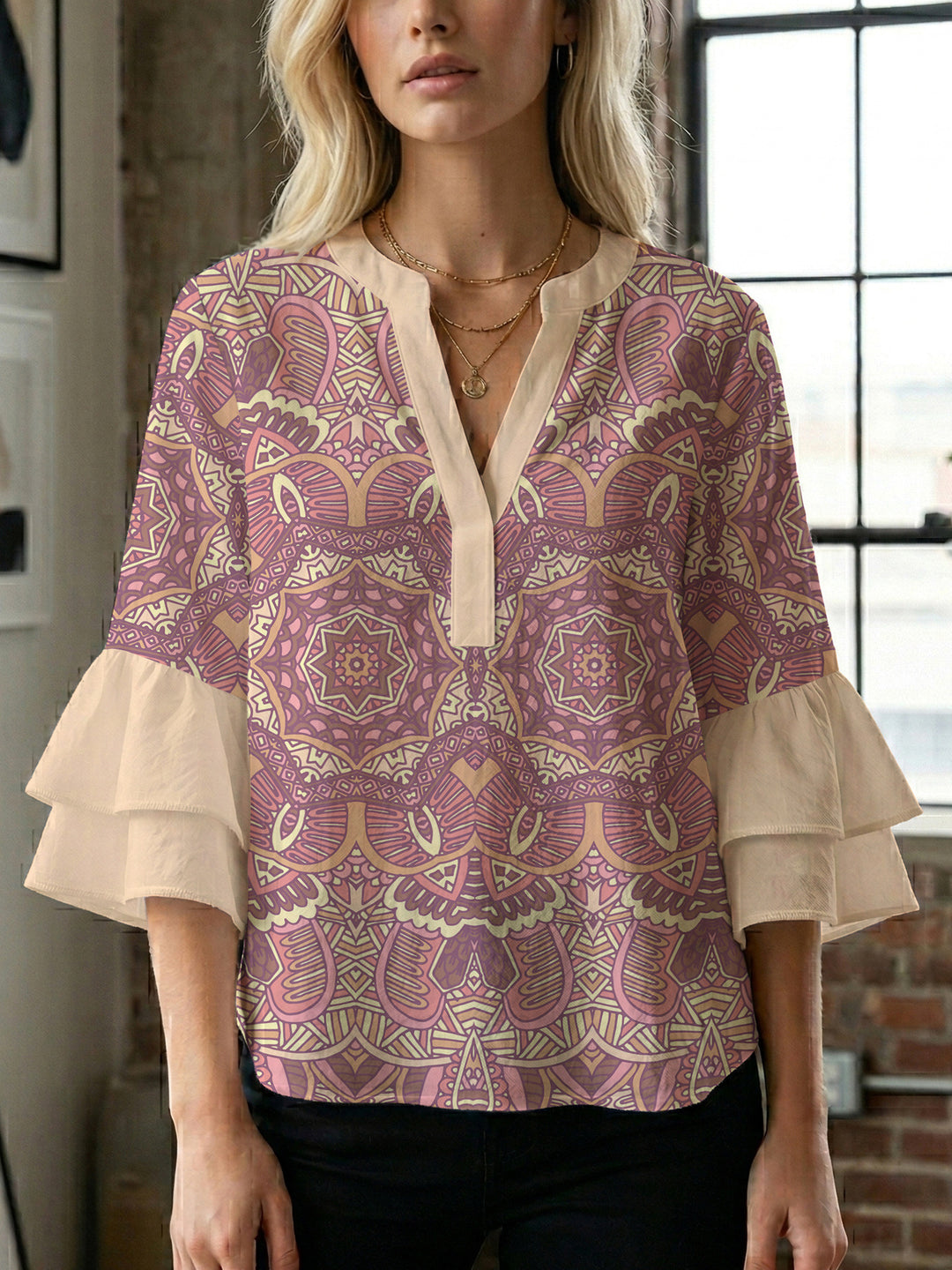 Damen elegantes Blusenshirt mit voluminösen Rüsenärmeln und grafischem Blumendesign EB