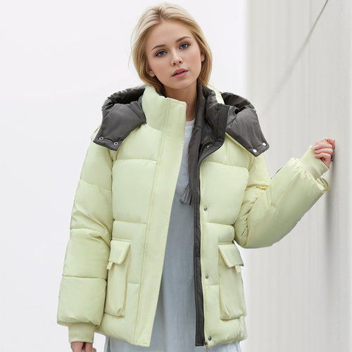 Damen gefütterte Pufferjacke mit großzügigen Taschen und abnehmbarer Kapuze EB