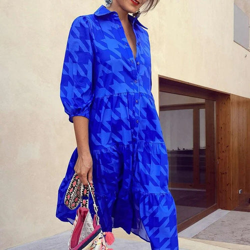 Damen Langarm-Hemdblusenkleid mit modischem Muster und praktischen Taschen EB