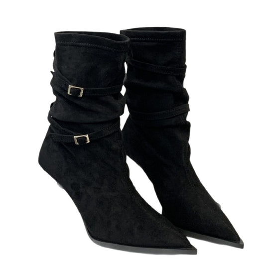 Damen elegante Stiefeletten aus süßem Wildleder mit schickem Falten-Design und kitten Absatz EB