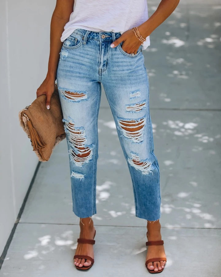 Damen Hohe Taillierte Ripped Jeans im modernen Straight-Leg Schnitt EB