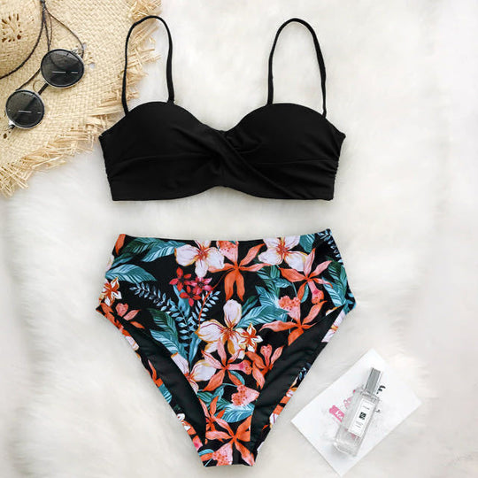 Damen Hoch tailliertes Bikini-Set mit floralem Oberteil EB