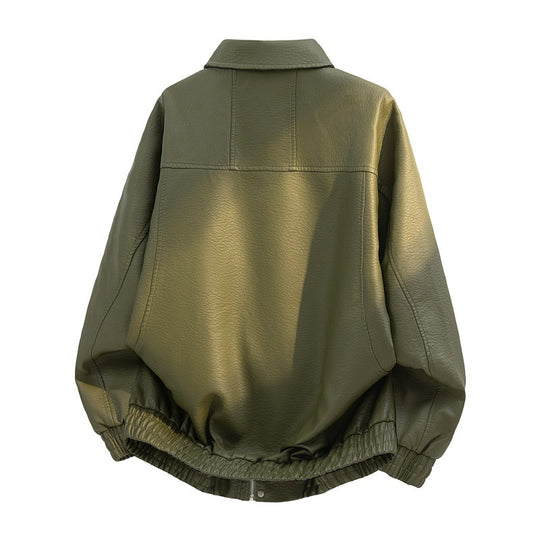 Herren oversized Kunstleder-Fieldjacke mit verdecktem Reißverschluss, elastischem Saum und aufgesetzten Taschen EB