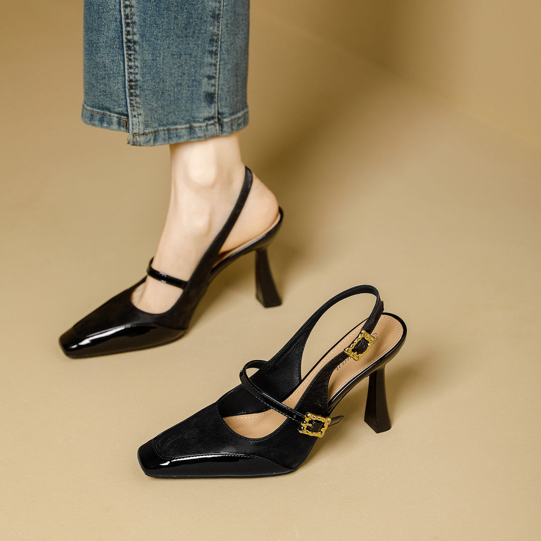 Damen Slingback-Pumps mit eleganter Quadratischer Spitze und glänzendem Riemendesign EB