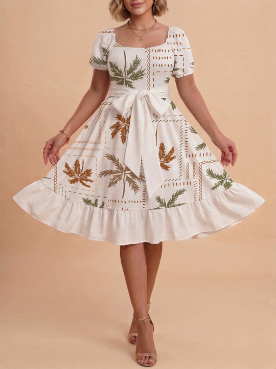 Damen Sommerliches Blumenkleid mit taillierbarem Gürtel und voluminösen Ärmeln EB