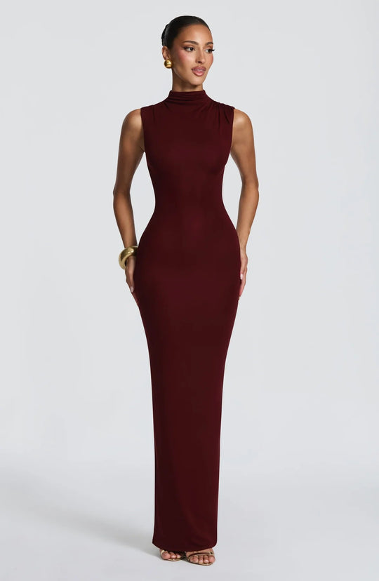 Damen Elegantes langes Kleid mit hohem Kragen und figurbetonter Silhouette EB