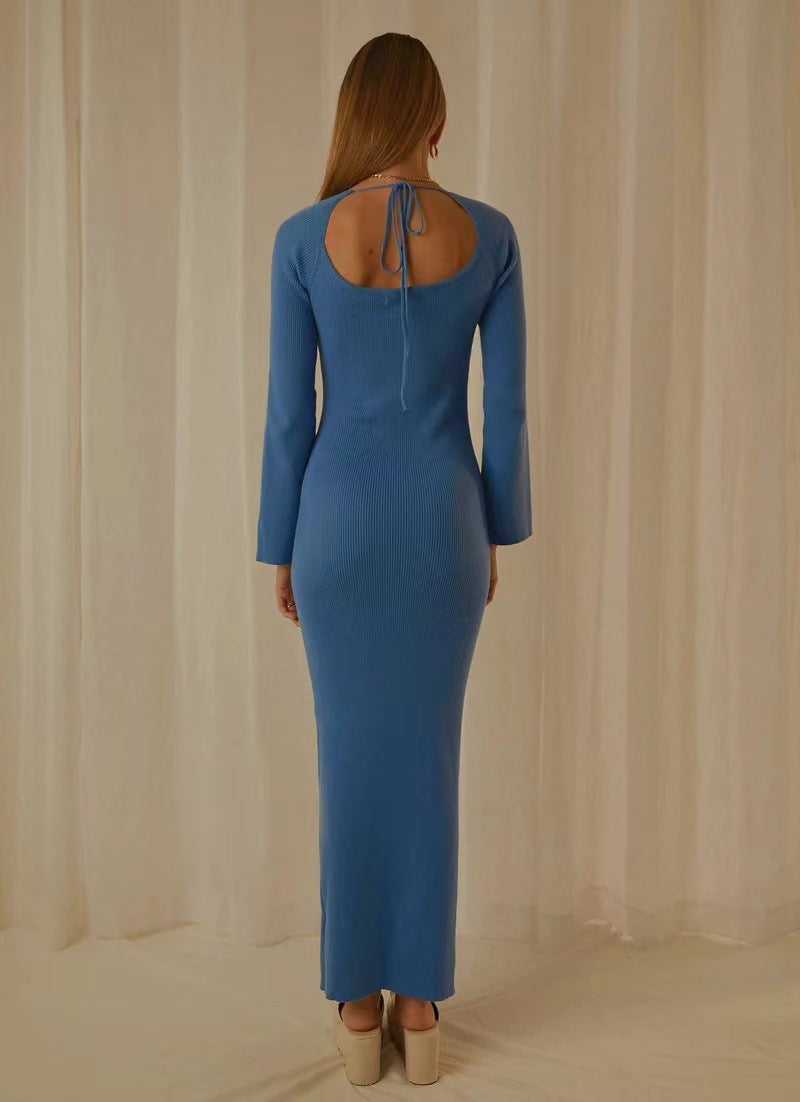 Damen elegantes Maxikleid mit tiefem Rundhals und modernen Trompetenärmeln EB