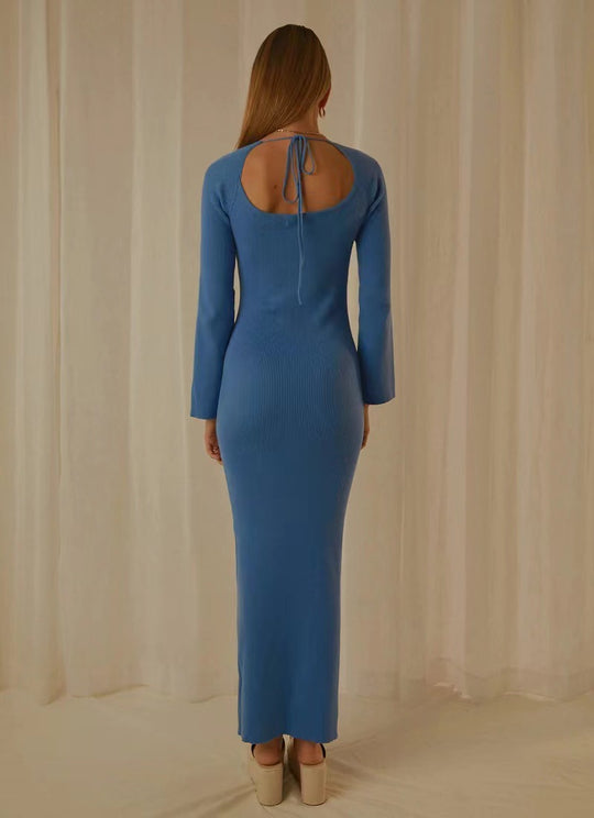 Damen elegantes Maxikleid mit tiefem Rundhals und modernen Trompetenärmeln EB