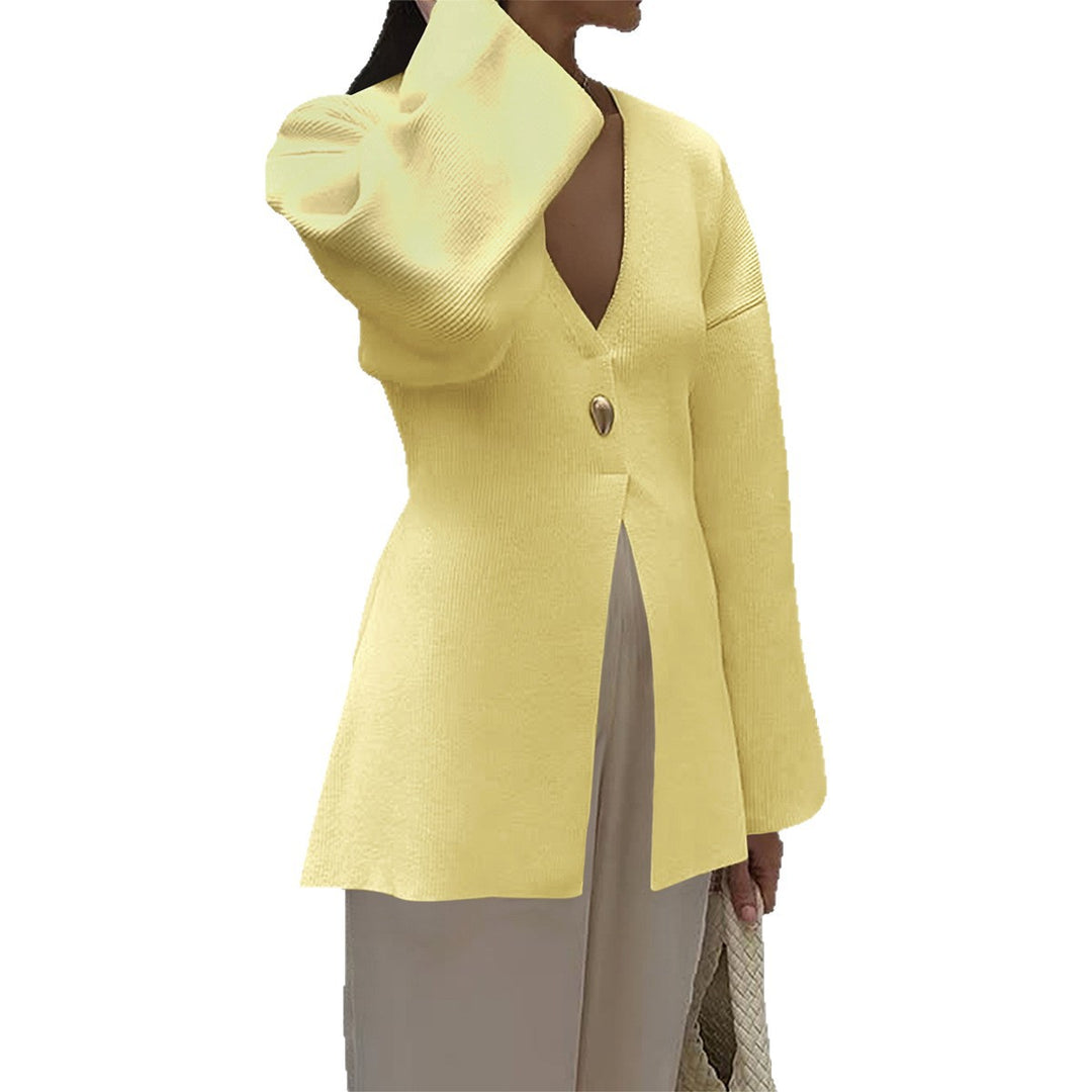 Damen nan taillierter Feinstrick-Cardigan mit V-Ausschnitt, Zierknopf und frontaler Schlitz EB