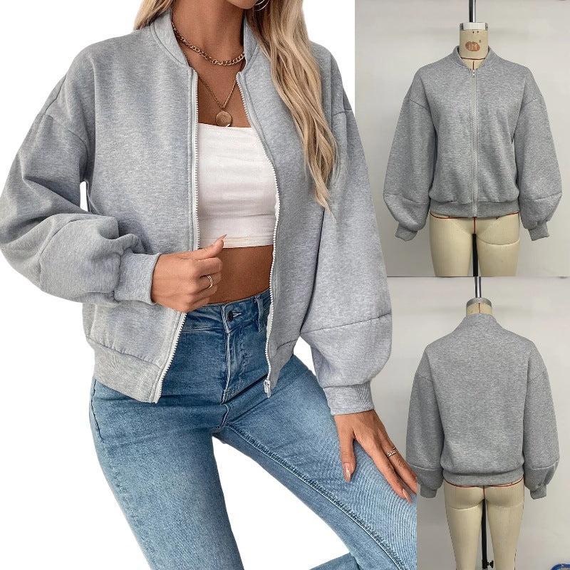 Damen sportliche Sweatjacke mit voluminösen Ärmeln und hohem Kragen EB