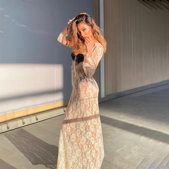 Damen elegantes Spitzenkleid mit tiefer Rückenansicht und langen Ärmeln EB