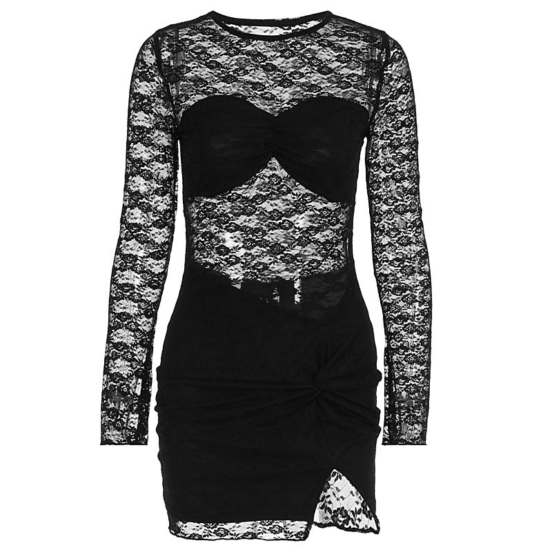 Damen Spitzenkleid mit tiefem Ausschnitt und figurbetontem Schnitt EB