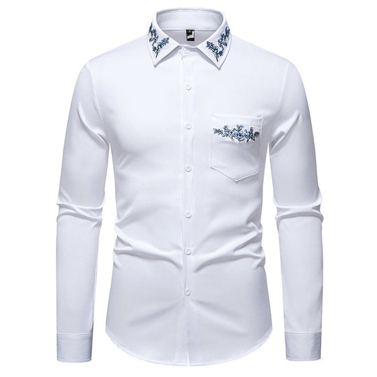 Herren Langarmhemd mit eleganter Blumenstickerei und modernem Kragen EB