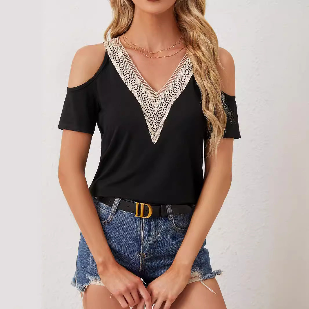 Damen nan leichtes Jerseyshirt mit offenen Schultern, tiefem V-Ausschnitt und gehäkeltem V‑Einsatz EB