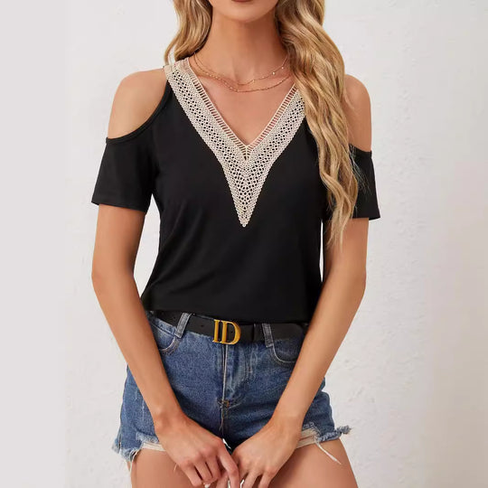 Damen nan leichtes Jerseyshirt mit offenen Schultern, tiefem V-Ausschnitt und gehäkeltem V‑Einsatz EB