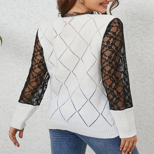 Damen V-Ausschnitt Pullover mit eleganten Spitzenärmeln EB