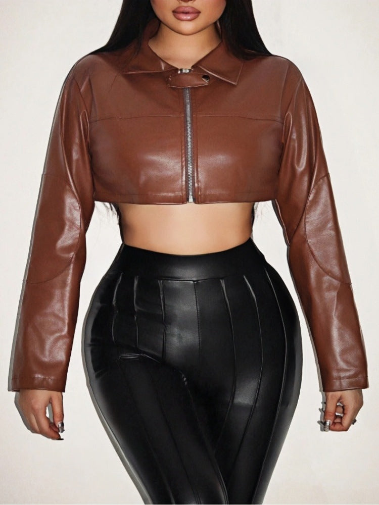 Damen cropped Kunstlederjacke mit innovativem Reißverschluss EB