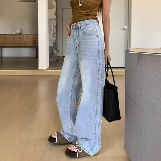 Damen Weite High-Waist Denim-Hose mit modischem Schnitt und lässigen Details EB