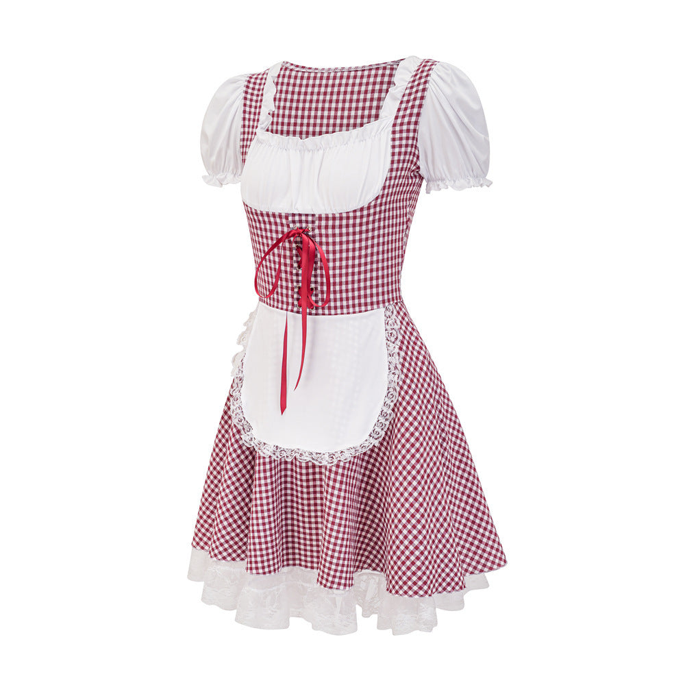 Damen Dirndlkleid mit traditionellem Karomuster und romantischen Rüschendetails EB