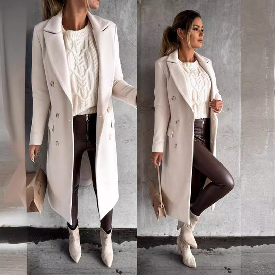 Damen Eleganter Doppelreiher-Mantel mit strukturiertem Stoff und taillierbarem Gürtel EB