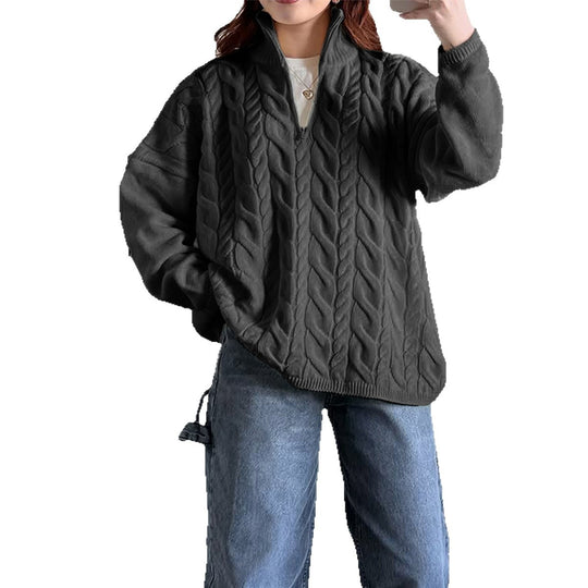 Damen nan oversized Zopfmuster-Troyer mit halbem Reißverschluss, hohem Stehkragen und gerundetem Saum EB