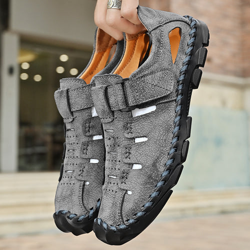 Herren Bequeme Leder-Sandalen mit verstellbarem Klettverschluss EB