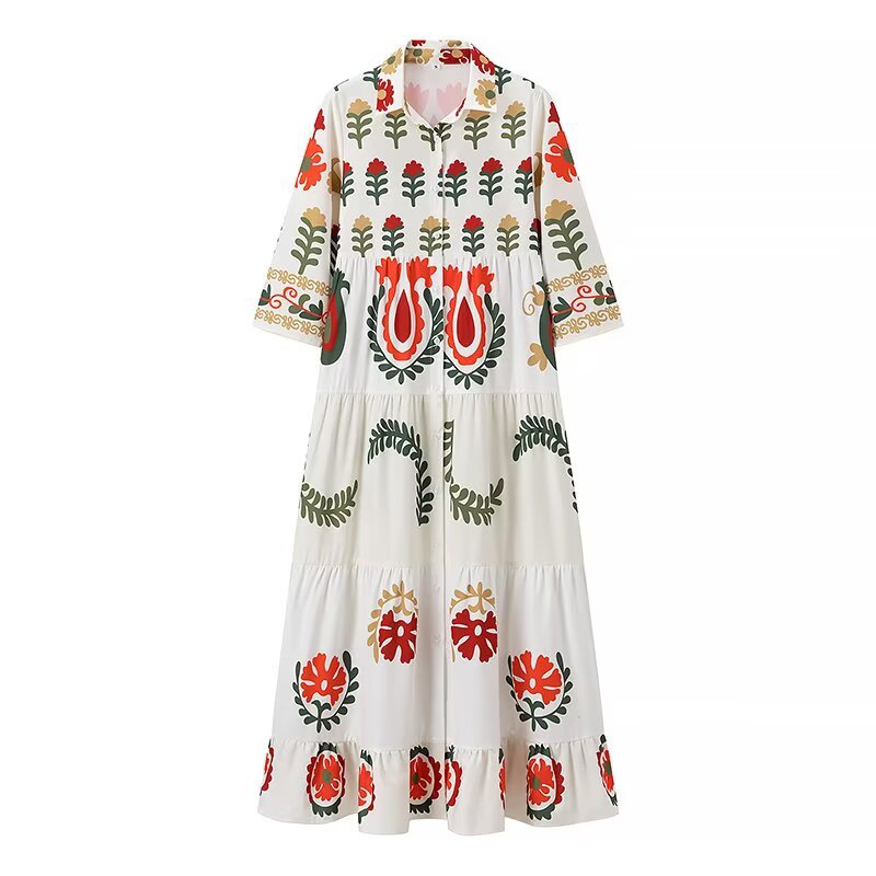 Damen Maxikleid mit floralem Muster und schwingendem Saum EB